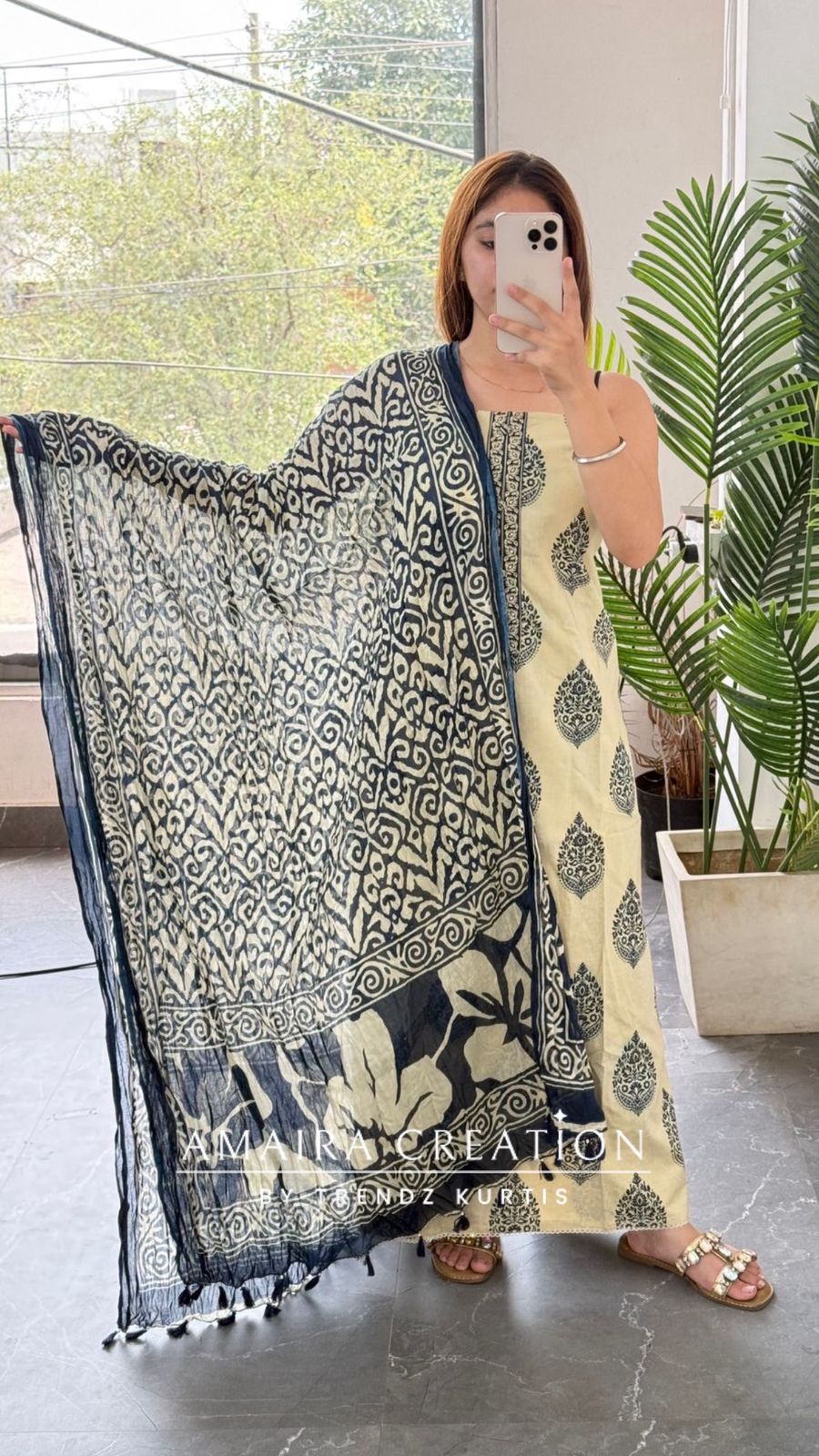 Premium Cotton Beige Blue Colour Unstitched Suit