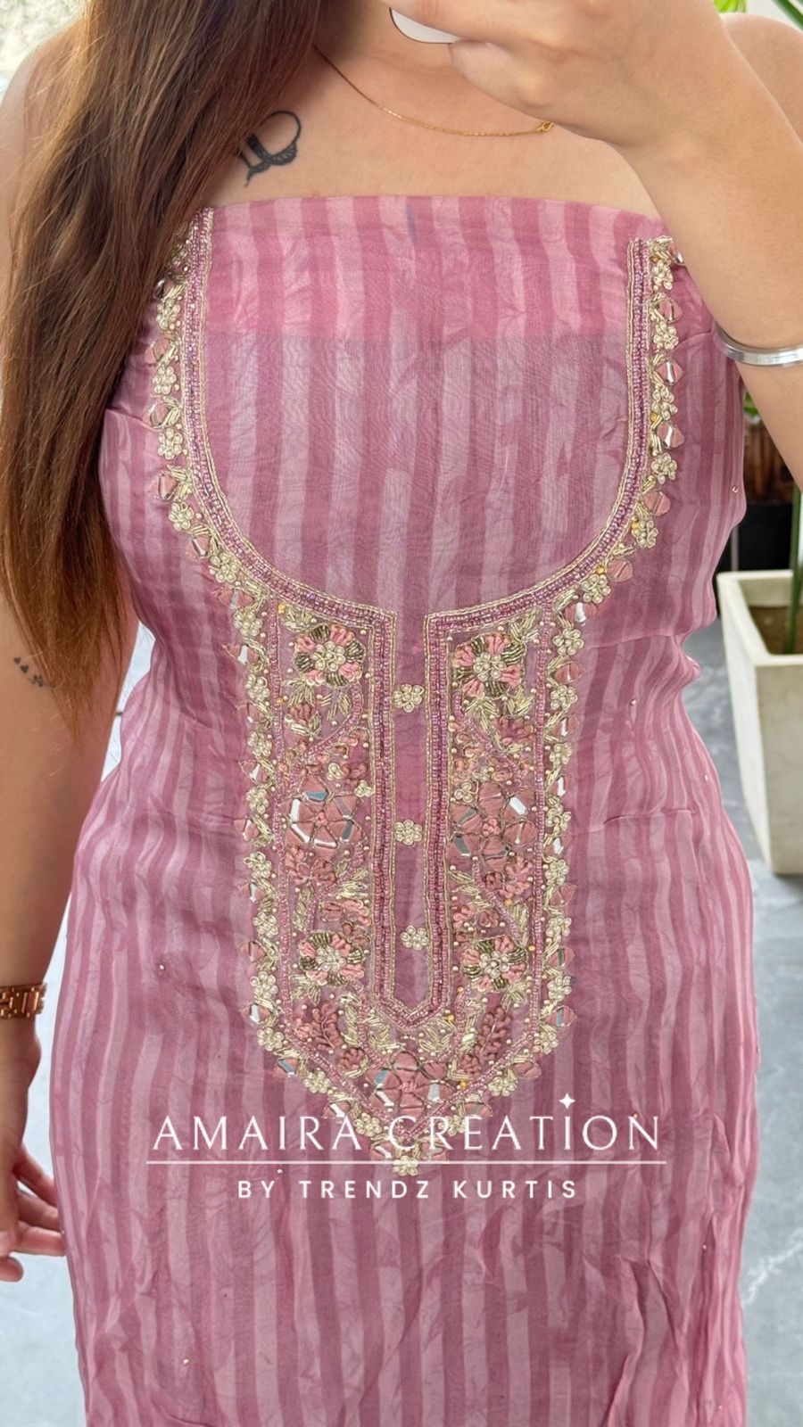 Premium Organza Fabric Onion color, Mirror Work Detailing Unstitched Suit With Beautiful Organza Dupatta