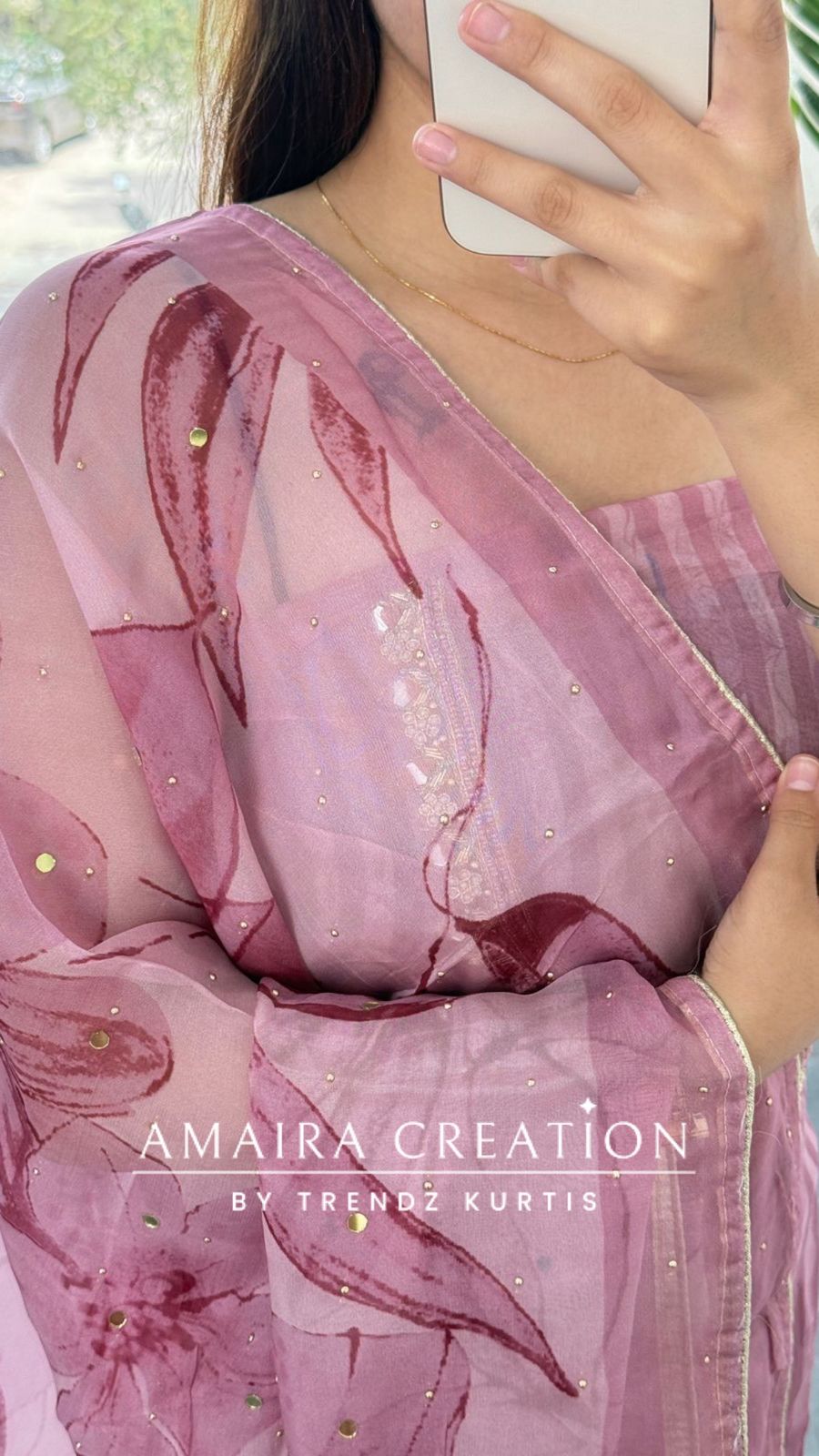 Premium Organza Fabric Onion color, Mirror Work Detailing Unstitched Suit With Beautiful Organza Dupatta