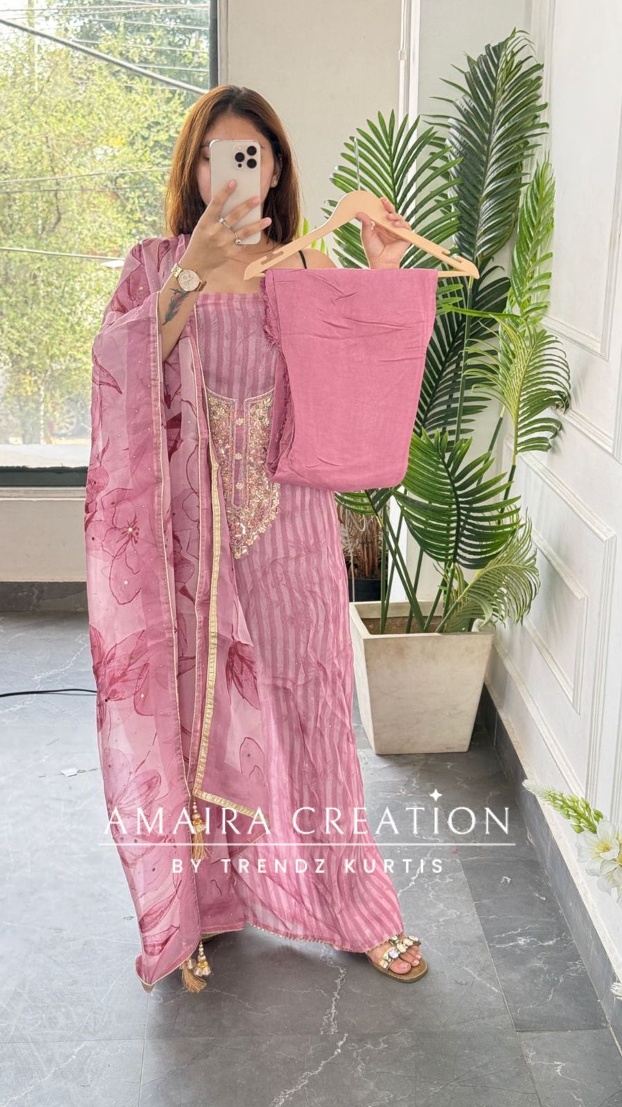 Premium Organza Fabric Onion color, Mirror Work Detailing Unstitched Suit With Beautiful Organza Dupatta