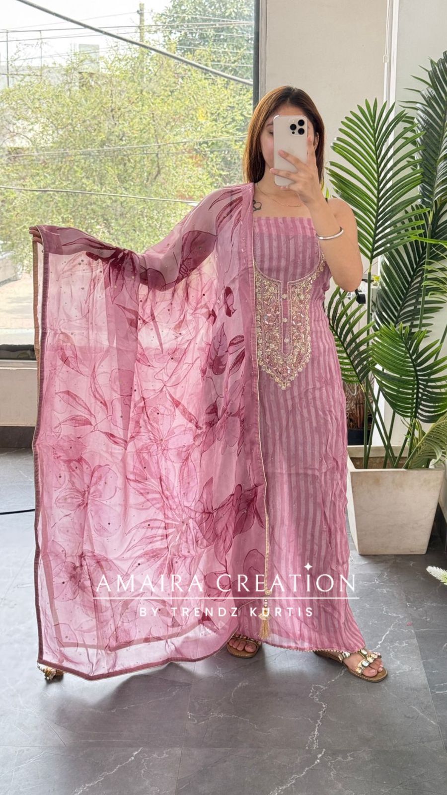 Premium Organza Fabric Onion color, Mirror Work Detailing Unstitched Suit With Beautiful Organza Dupatta
