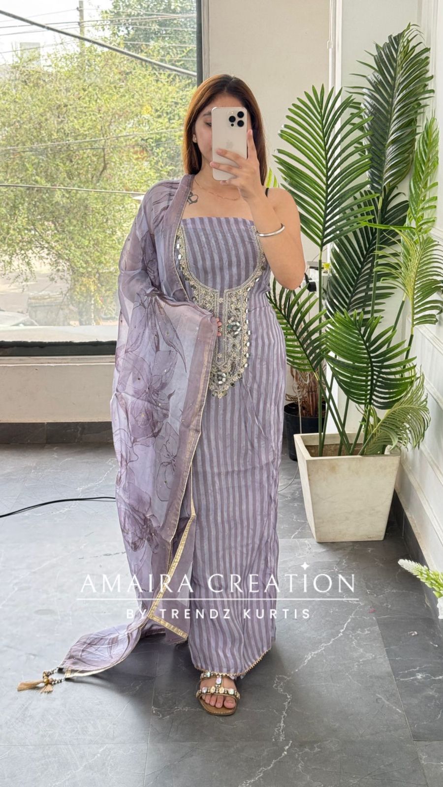 Premium Organza Fabric Lavender colour, Mirror Work Detailing Unstitched Suit With Beautiful Organza Dupatta