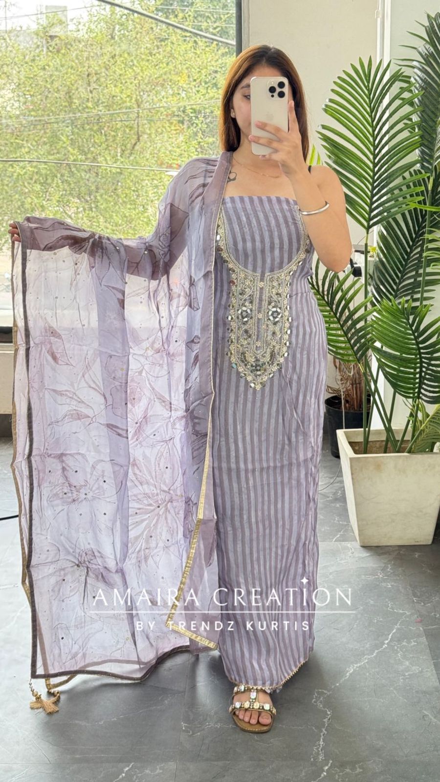 Premium Organza Fabric Lavender colour, Mirror Work Detailing Unstitched Suit With Beautiful Organza Dupatta