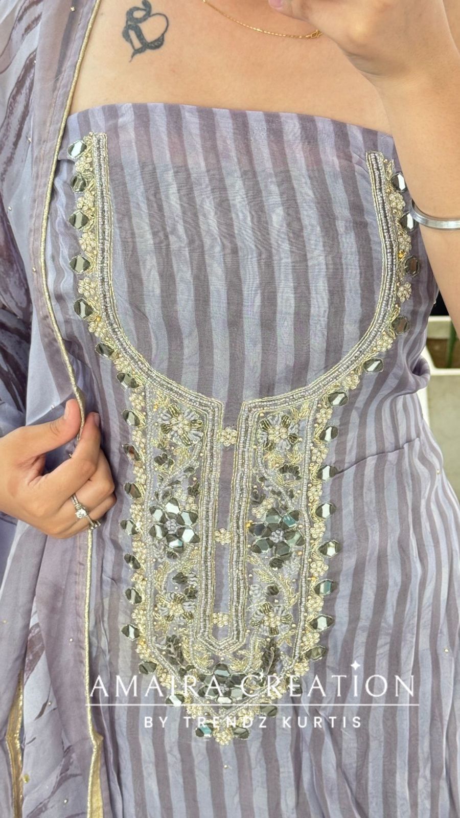 Premium Organza Fabric Lavender colour, Mirror Work Detailing Unstitched Suit With Beautiful Organza Dupatta