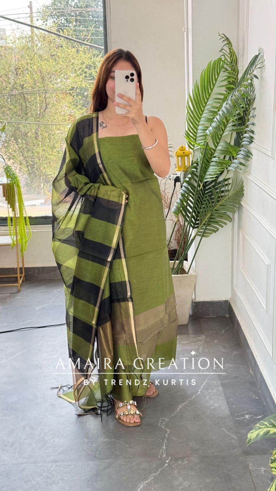 Premium Silk Green Black Unstitched Suit With Banarasi Silk