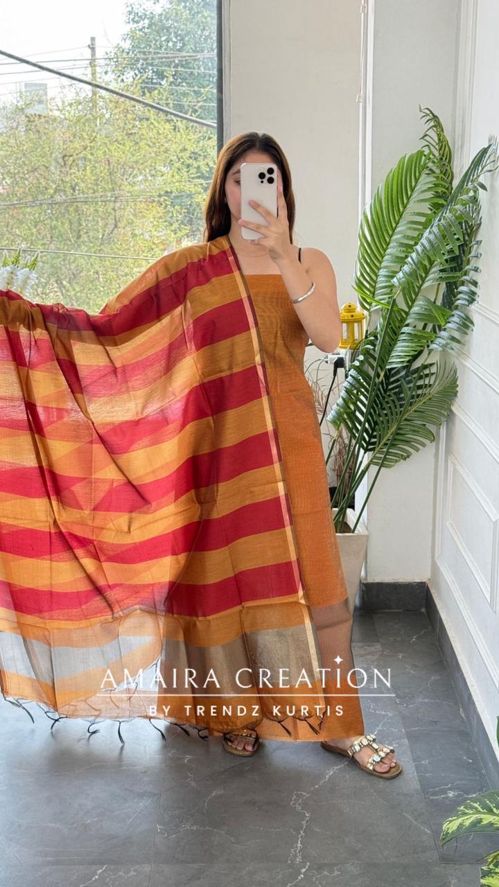 Premium Silk Mustard Marron Unstitched Suit With Banarasi Silk