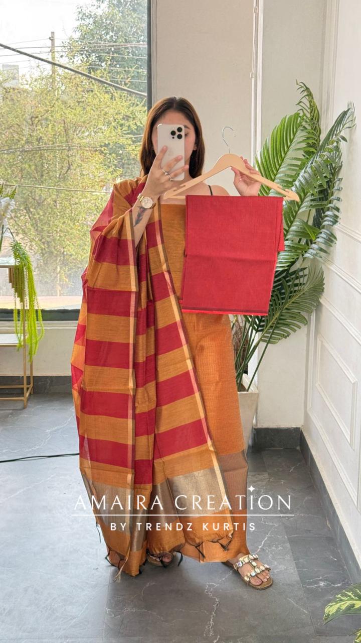 Premium Silk Mustard Marron Unstitched Suit With Banarasi Silk