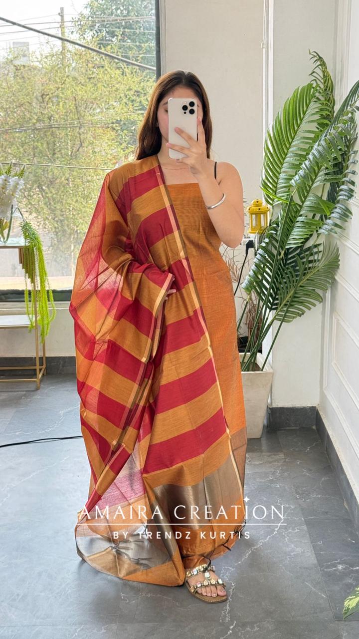 Premium Silk Mustard Marron Unstitched Suit With Banarasi Silk