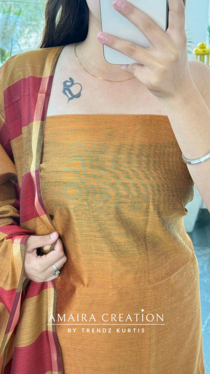 Premium Silk Mustard Marron Unstitched Suit With Banarasi Silk