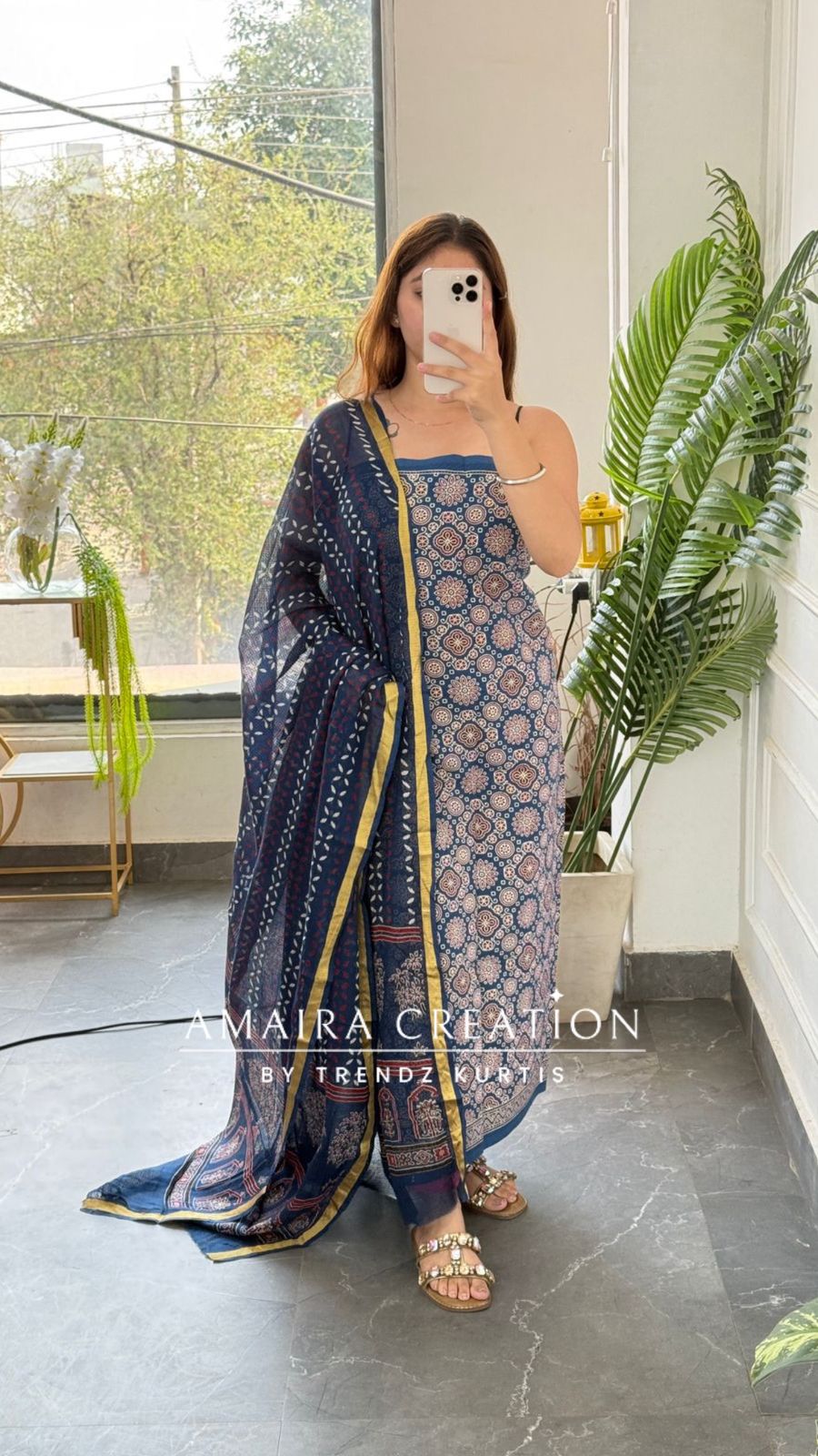 Premium Cotton Blue Colour Ajrak Print Unstitched Suit
