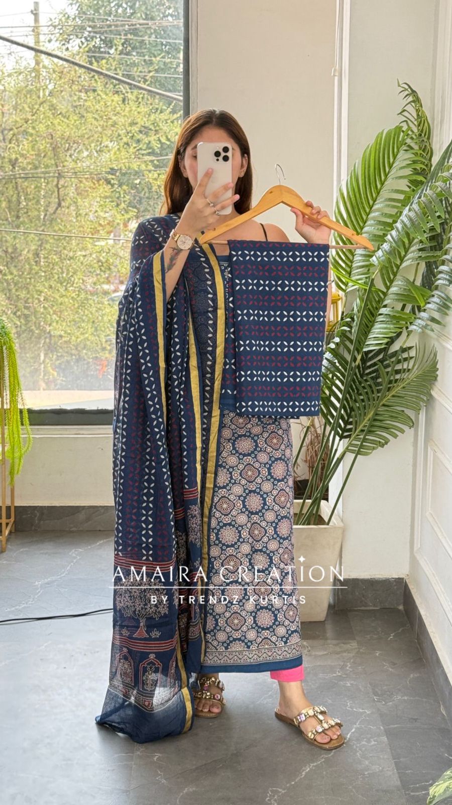Premium Cotton Blue Colour Ajrak Print Unstitched Suit