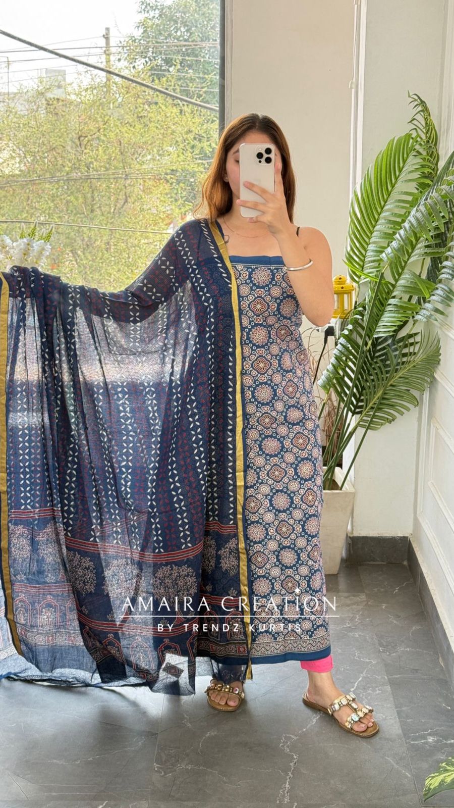 Premium Cotton Blue Colour Ajrak Print Unstitched Suit