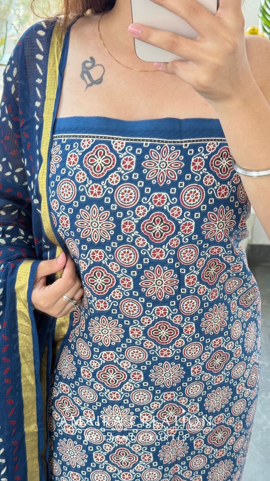 Premium Cotton Blue Colour Ajrak Print Unstitched Suit