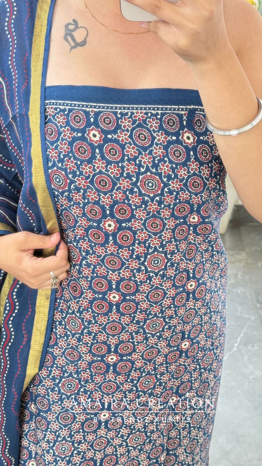 Premium Cotton Blue Colour Ajrak Print Unstitched Suit