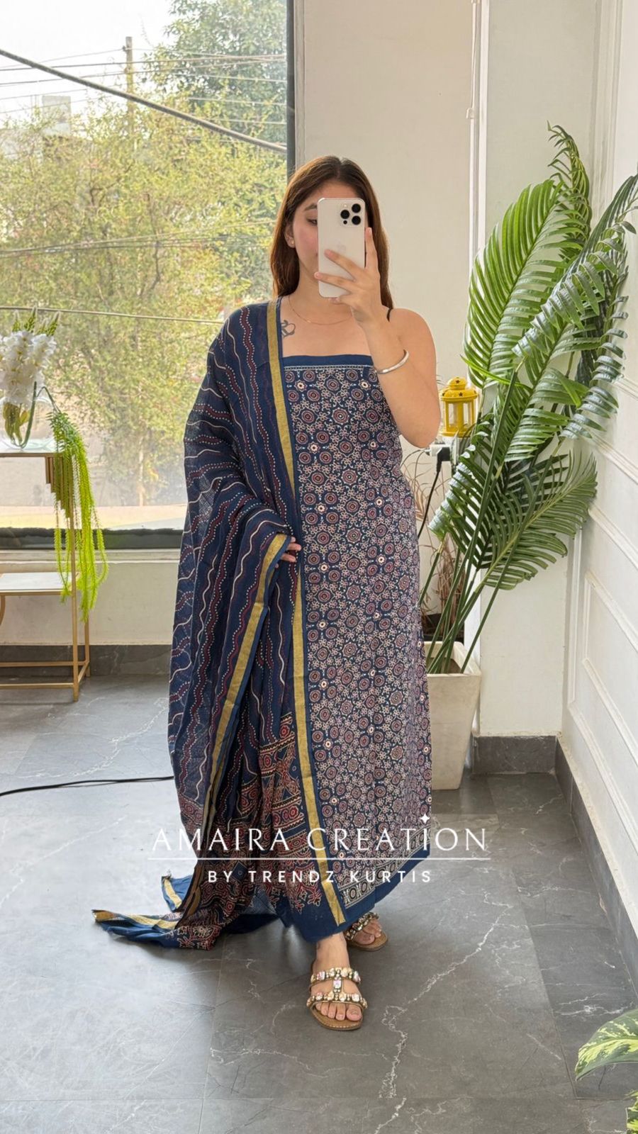 Premium Cotton Blue Colour Ajrak Print Unstitched Suit