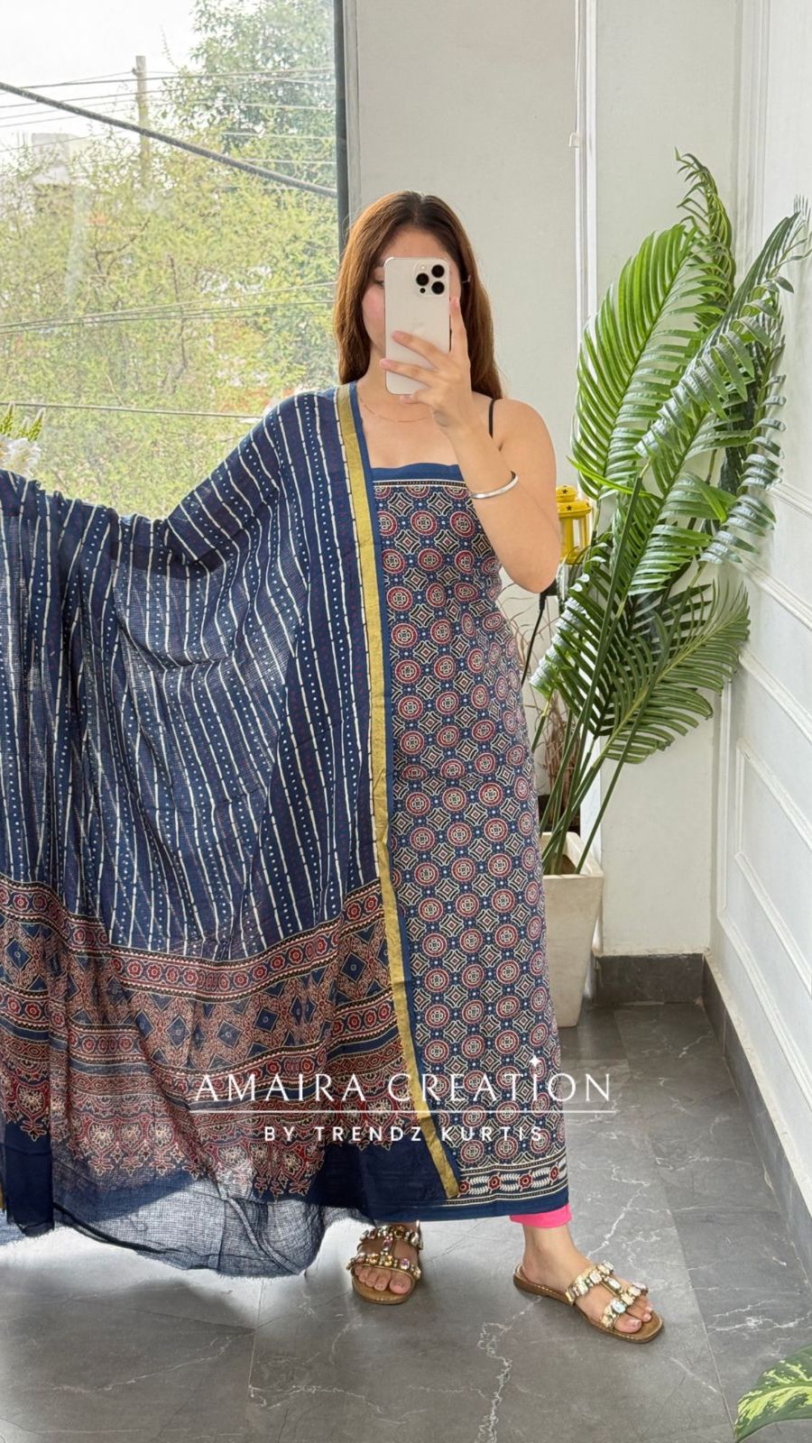 Premium Cotton Blue Colour Ajrak Print Unstitched Suit