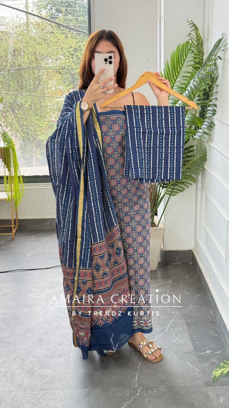 Premium Cotton Blue Colour Ajrak Print Unstitched Suit