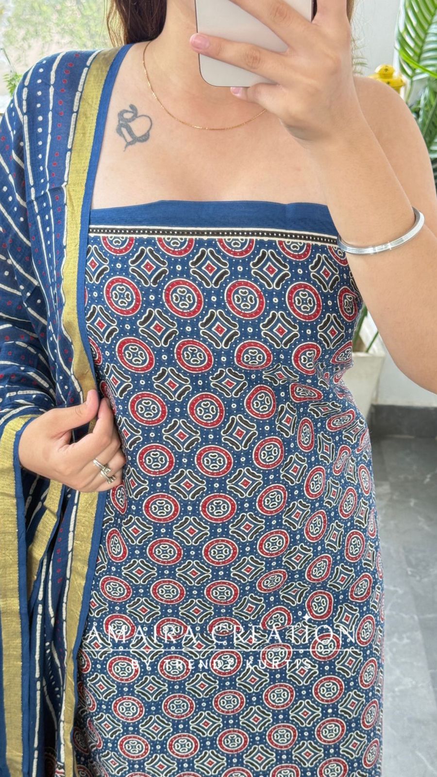 Premium Cotton Blue Colour Ajrak Print Unstitched Suit
