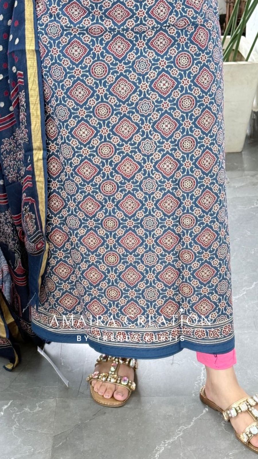 Premium Cotton Blue Colour Ajrak Print Unstitched Suit
