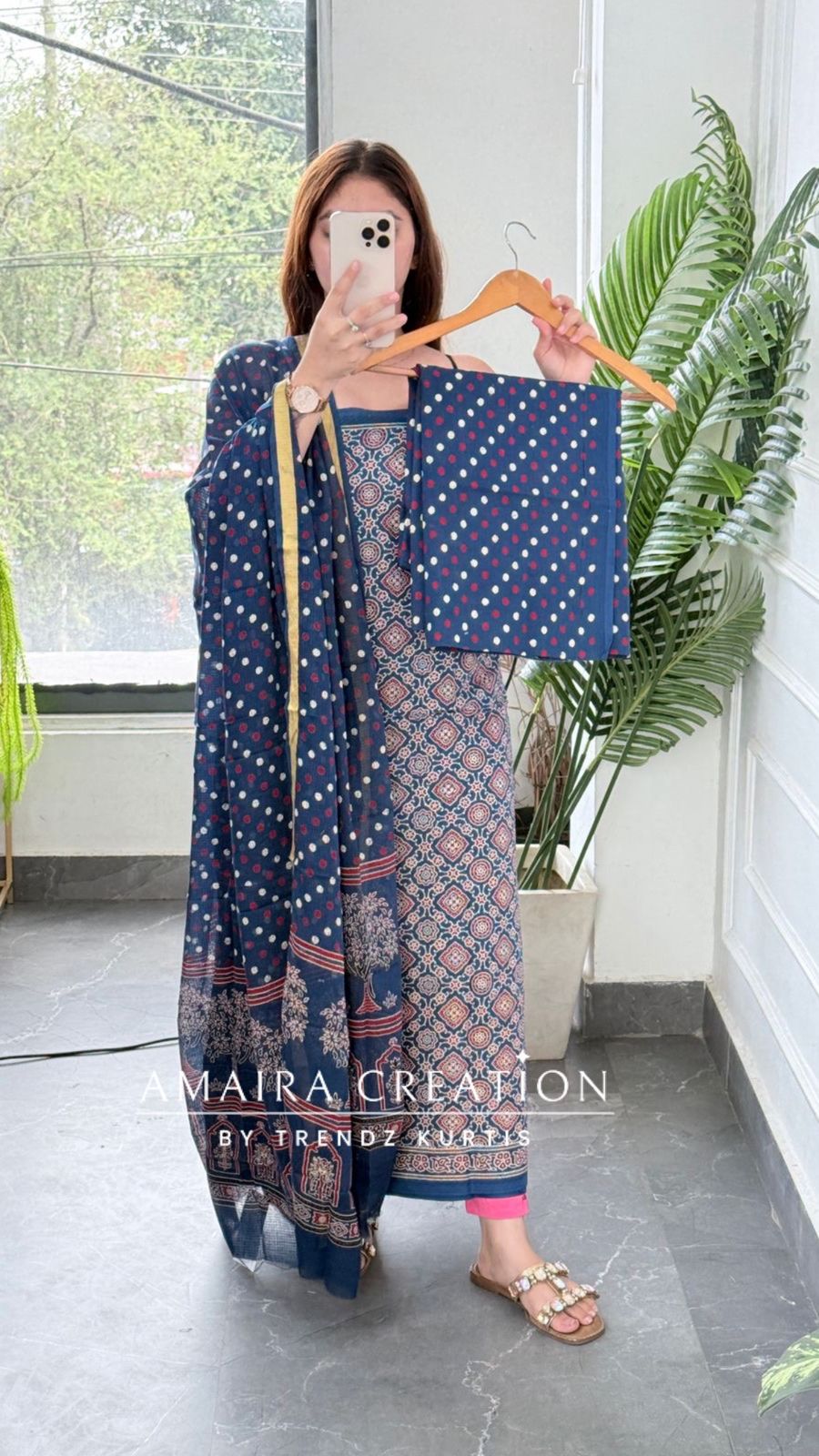 Premium Cotton Blue Colour Ajrak Print Unstitched Suit