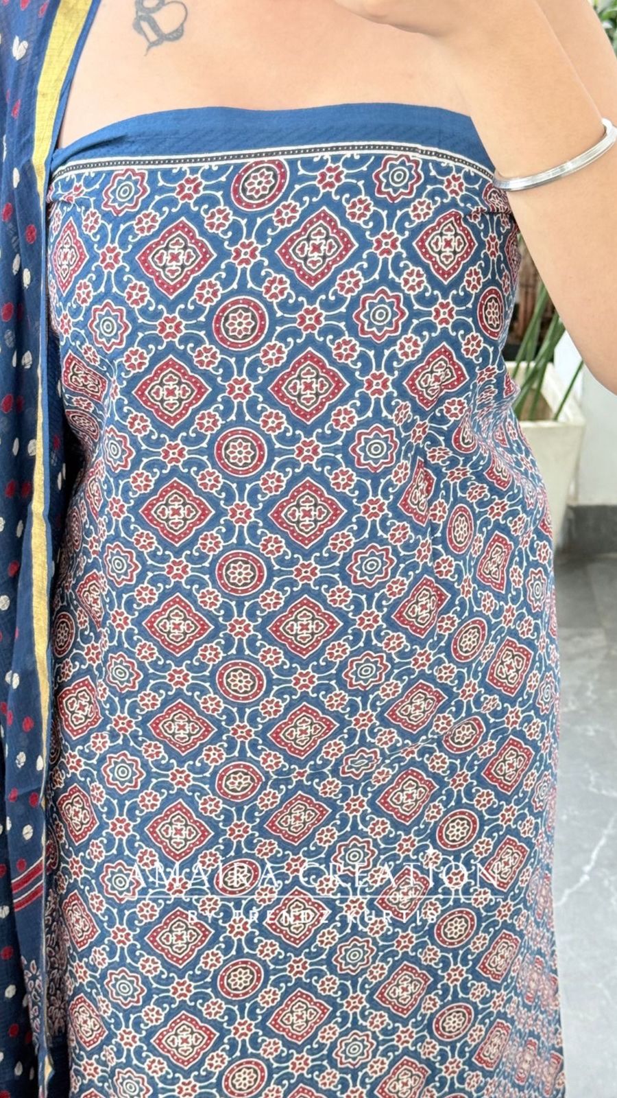 Premium Cotton Blue Colour Ajrak Print Unstitched Suit