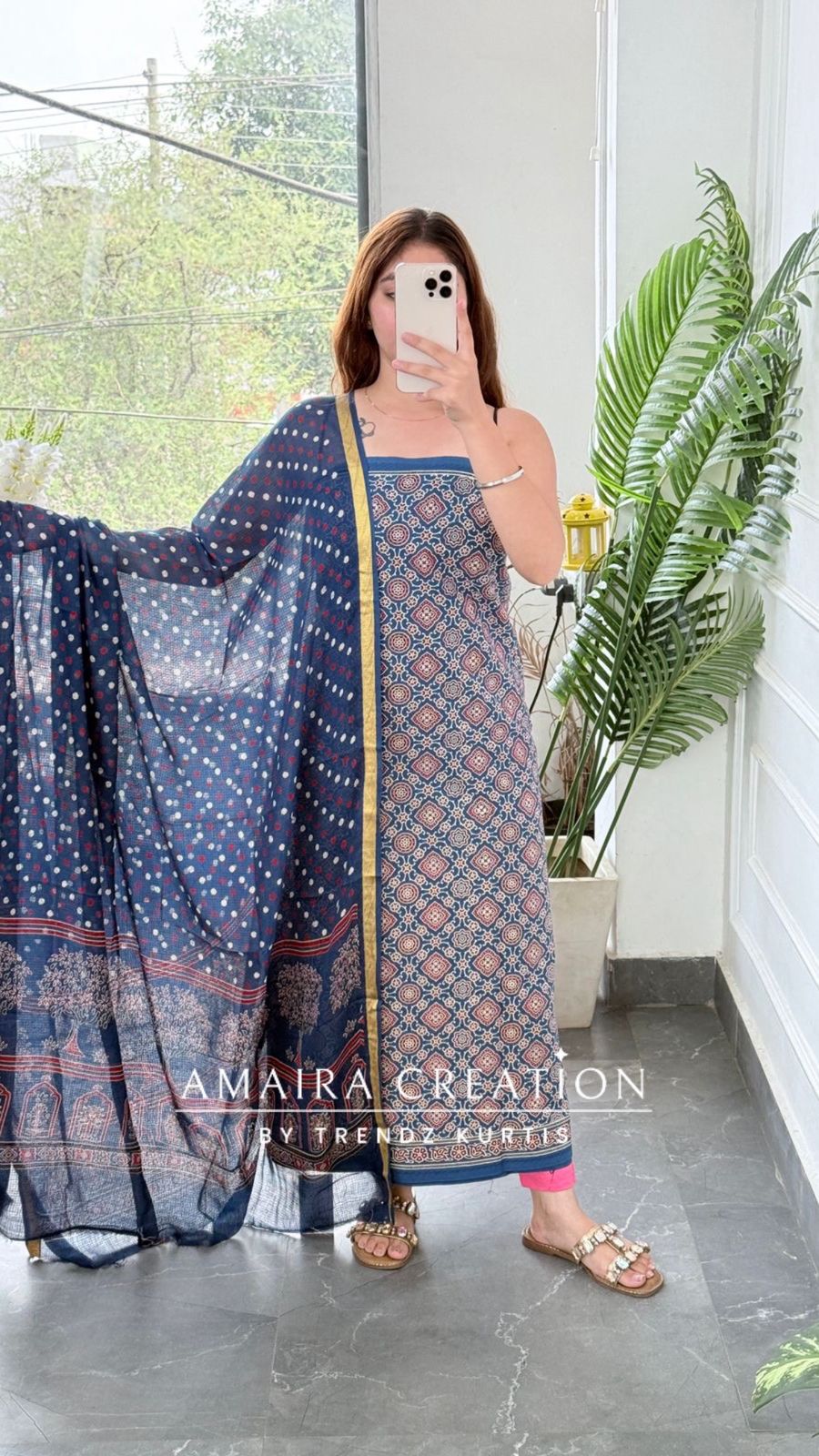Premium Cotton Blue Colour Ajrak Print Unstitched Suit