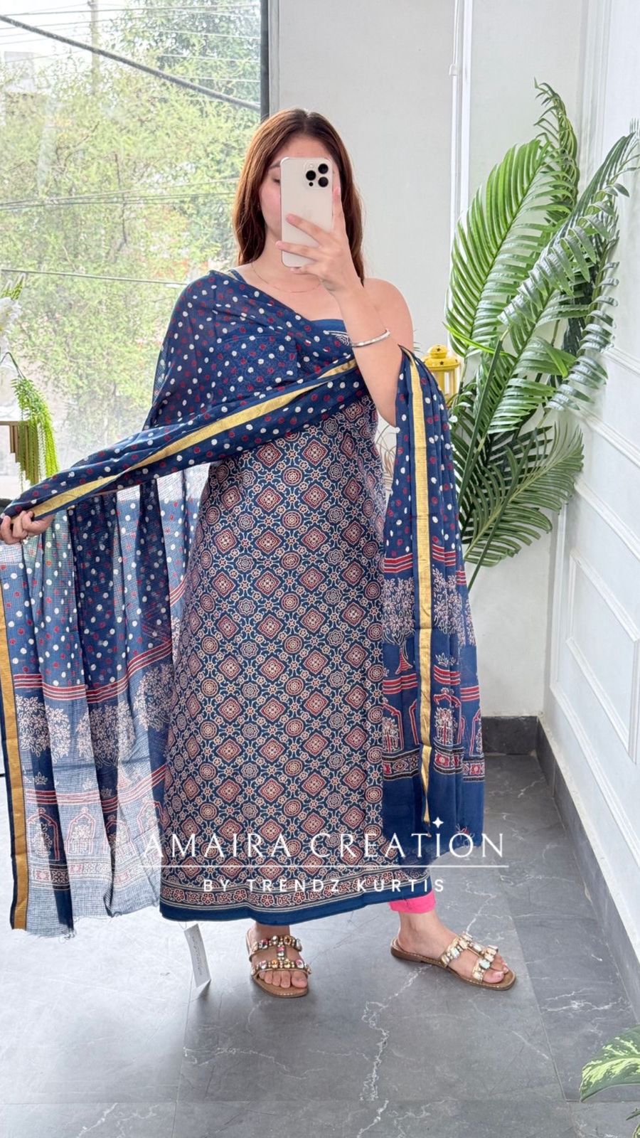 Premium Cotton Blue Colour Ajrak Print Unstitched Suit