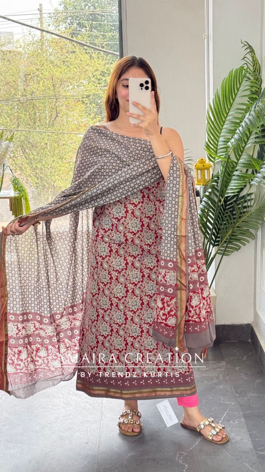 Premium Cotton Grey Maroon Bagru Print Unstitched Suit
