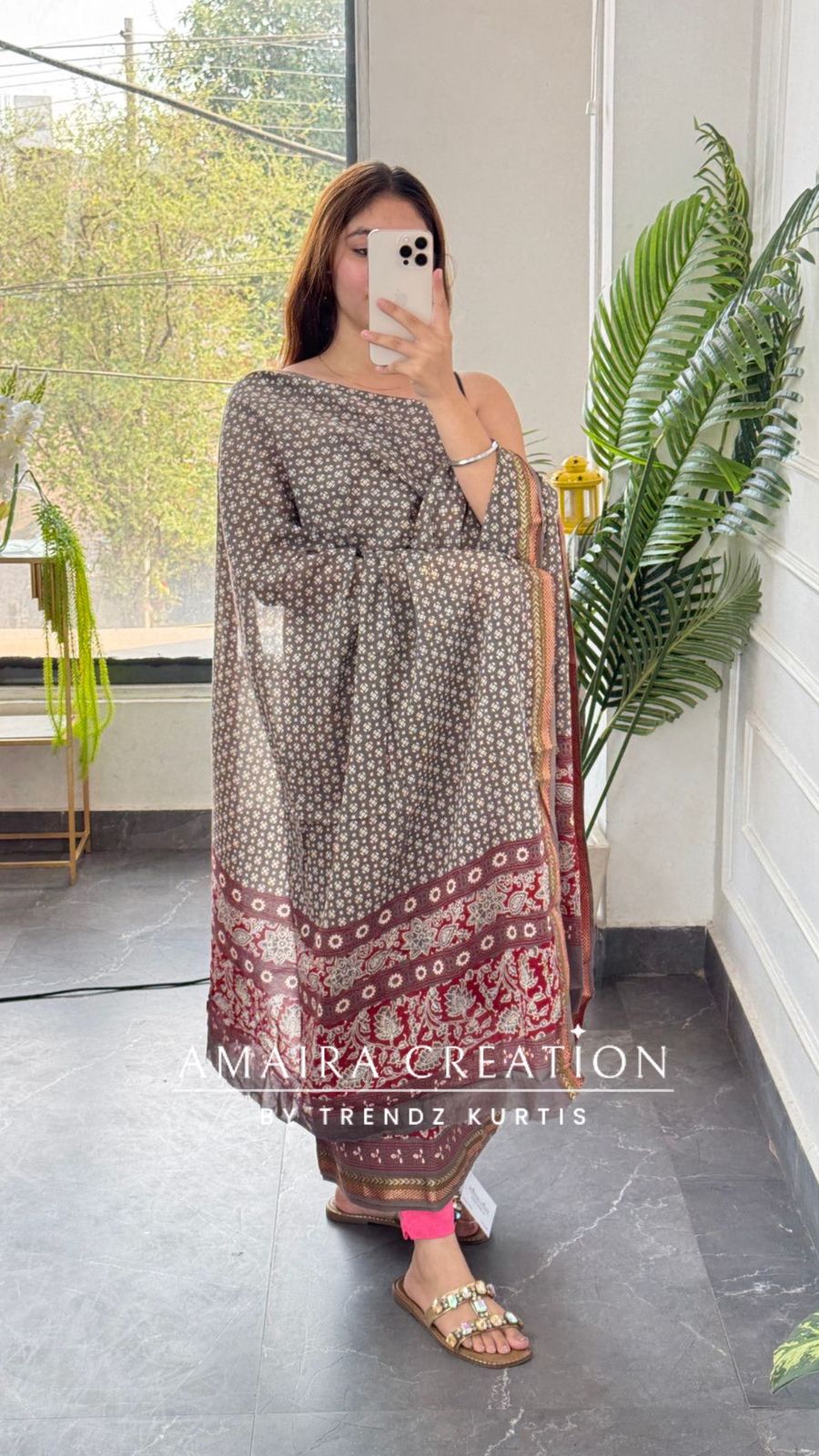 Premium Cotton Grey Maroon Bagru Print Unstitched Suit