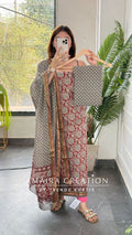 Premium Cotton Grey Maroon Bagru Print Unstitched Suit