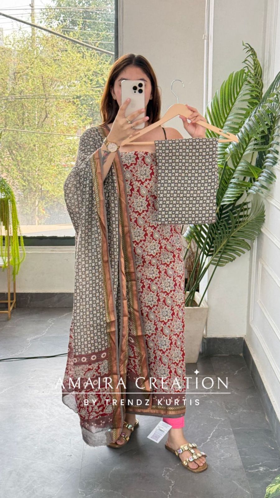 Premium Cotton Grey Maroon Bagru Print Unstitched Suit