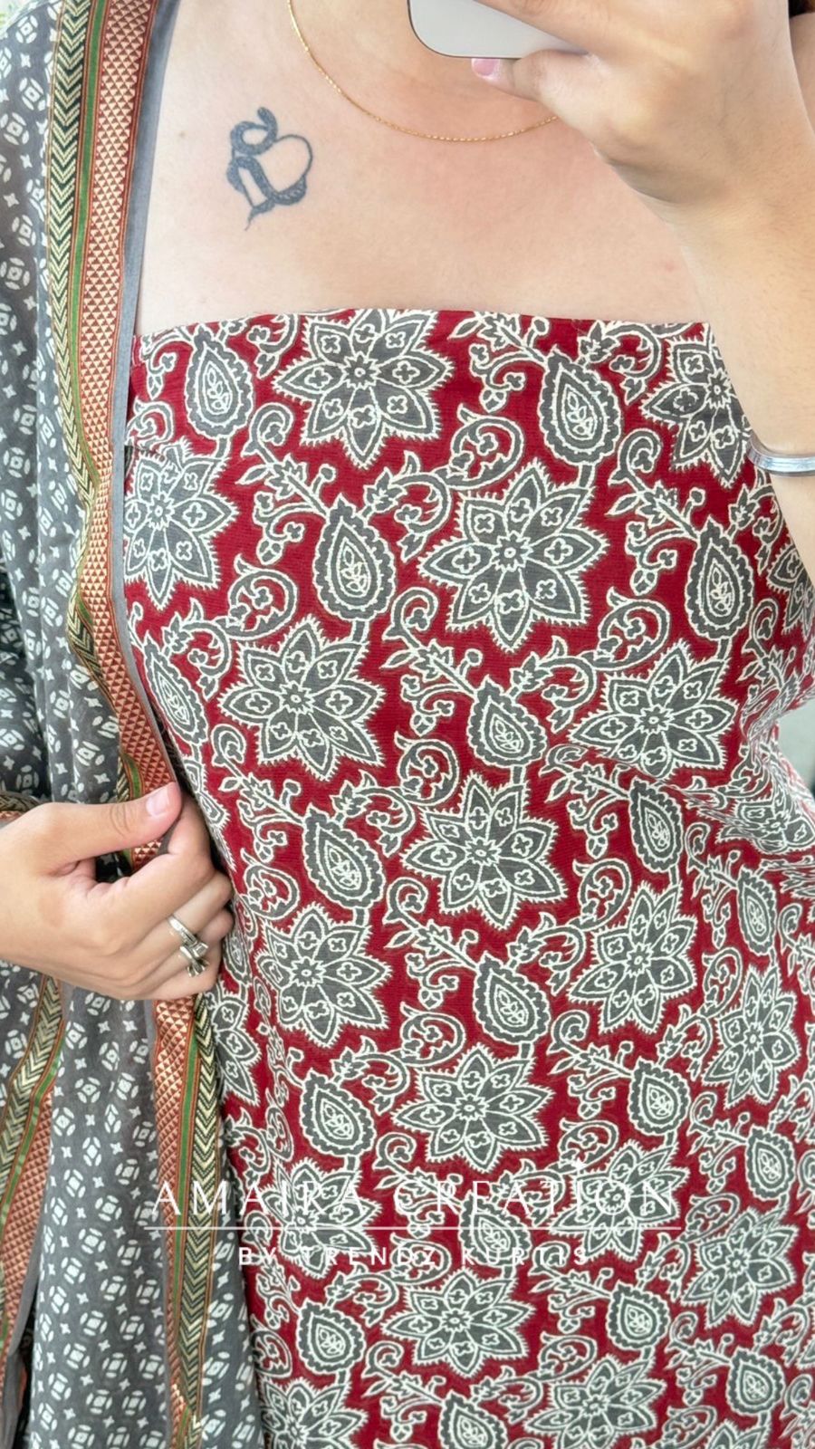Premium Cotton Grey Maroon Bagru Print Unstitched Suit