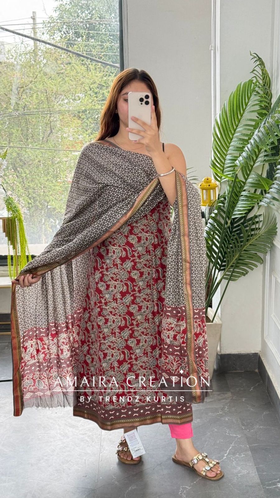 Premium Cotton Grey Maroon Bagru Print Unstitched Suit