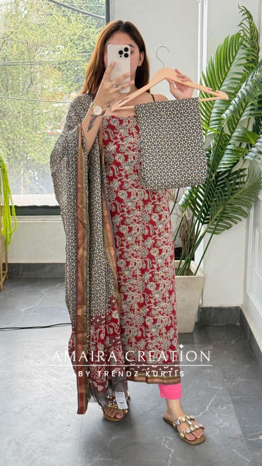 Premium Cotton Grey Maroon Bagru Print Unstitched Suit