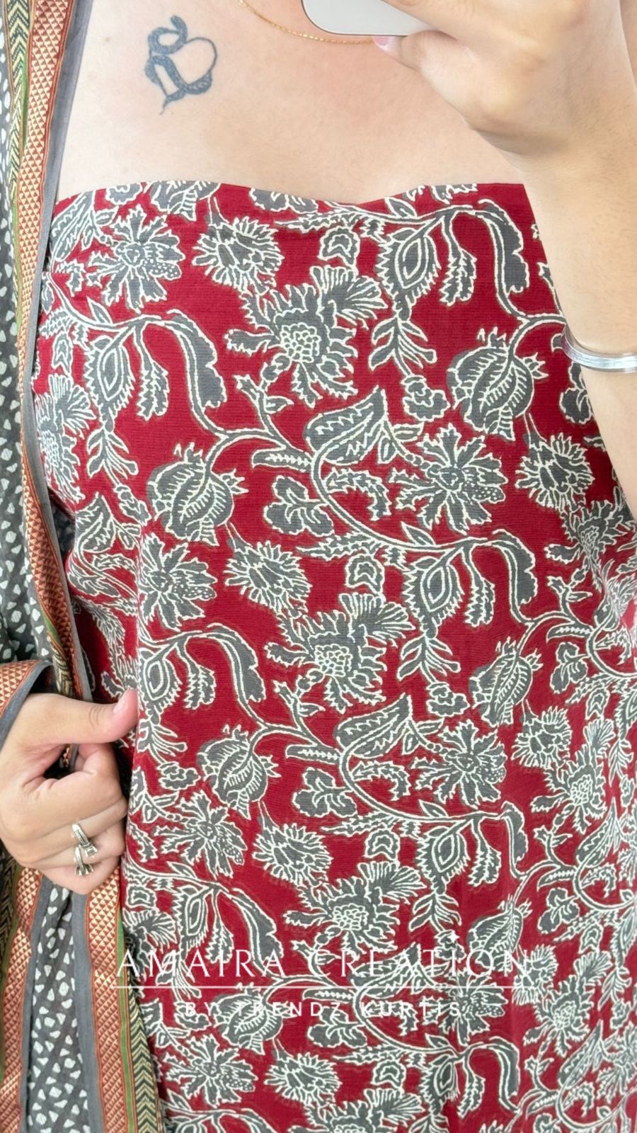 Premium Cotton Grey Maroon Bagru Print Unstitched Suit