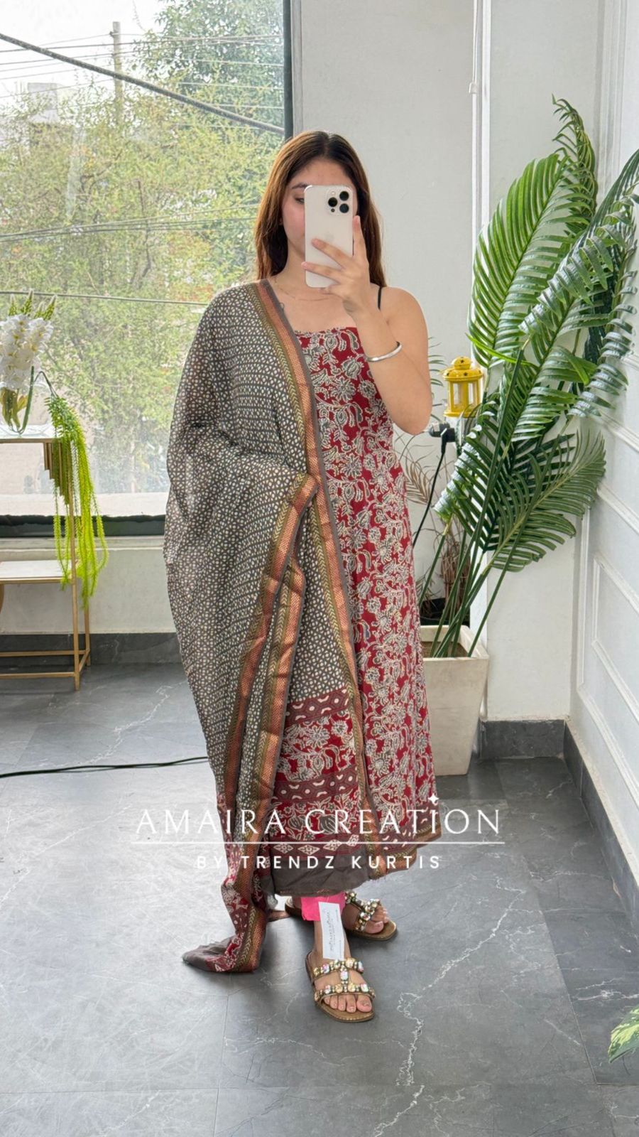 Premium Cotton Grey Maroon Bagru Print Unstitched Suit