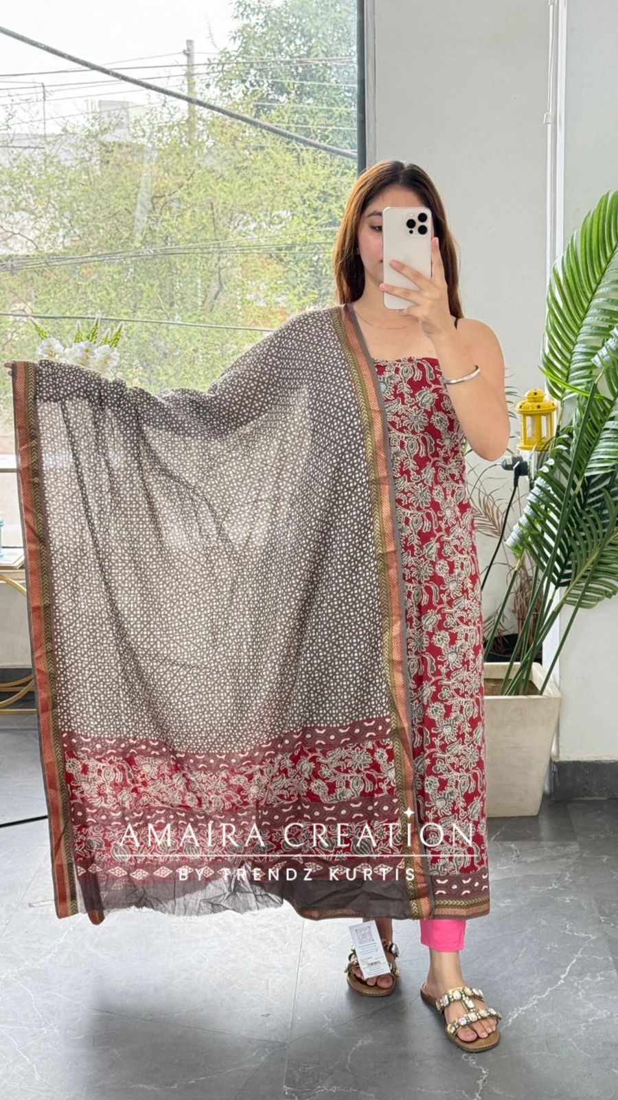 Premium Cotton Grey Maroon Bagru Print Unstitched Suit