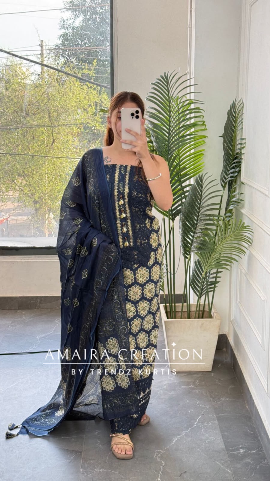 Premium Cotton Navy Blue Lace Detailing Pattern Unstitched Suit