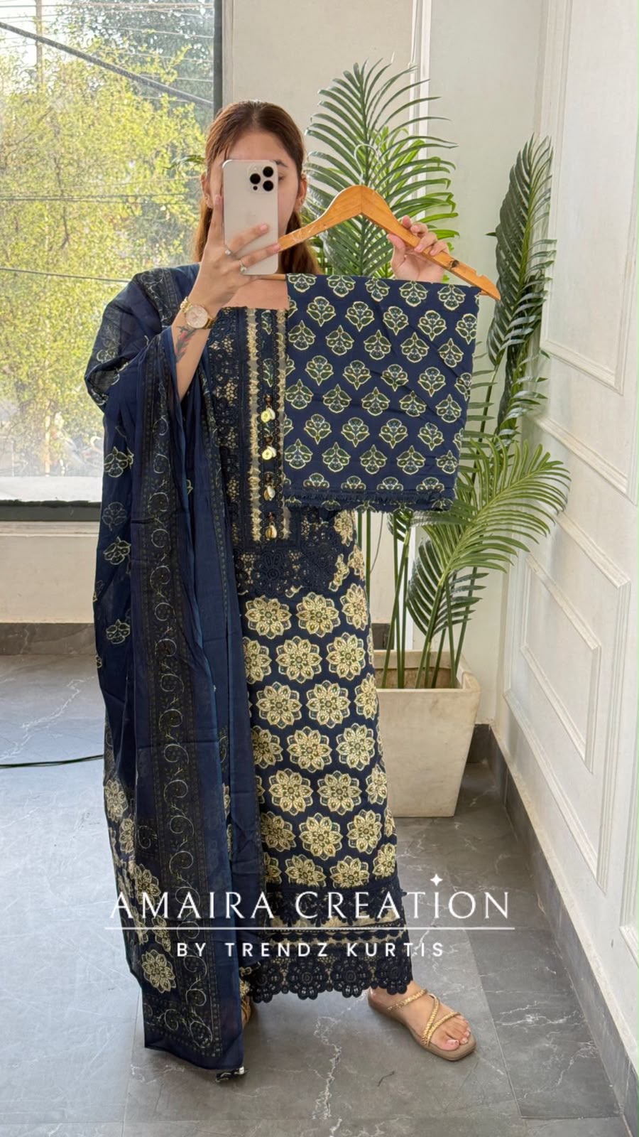 Premium Cotton Navy Blue Lace Detailing Pattern Unstitched Suit