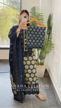 Premium Cotton Navy Blue Lace Detailing Pattern Unstitched Suit