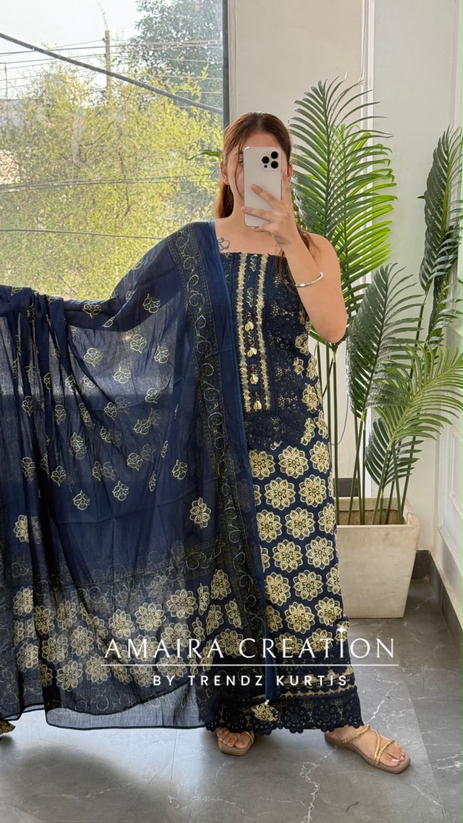 Premium Cotton Navy Blue Lace Detailing Pattern Unstitched Suit
