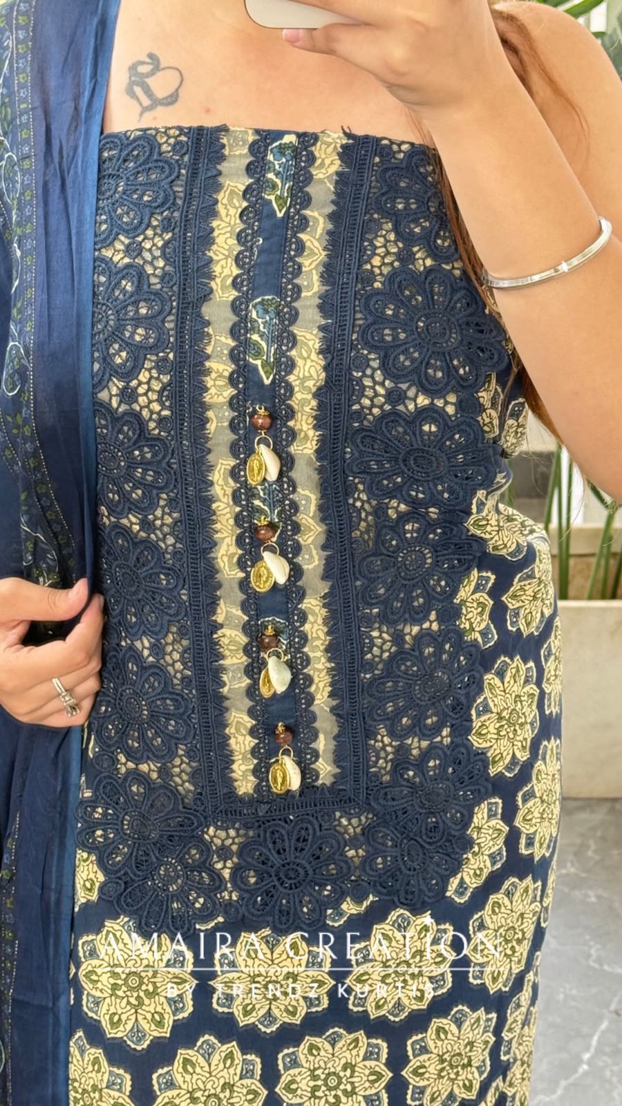Premium Cotton Navy Blue Lace Detailing Pattern Unstitched Suit