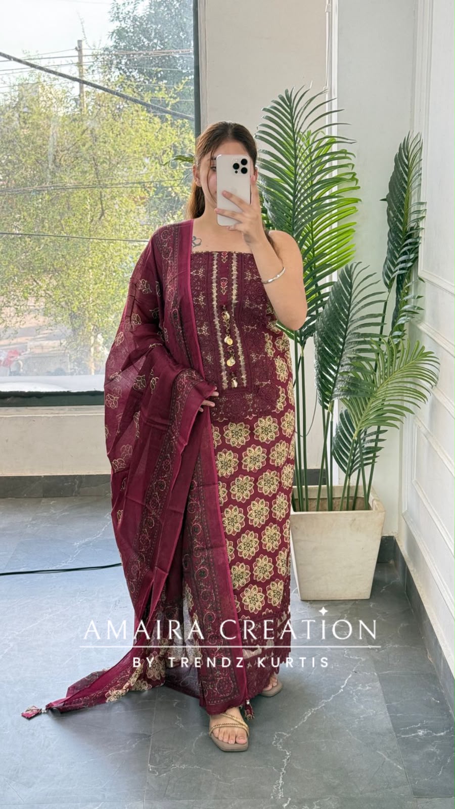Premium Cotton Wine Lace Detailing Pattern Unstitched Suit