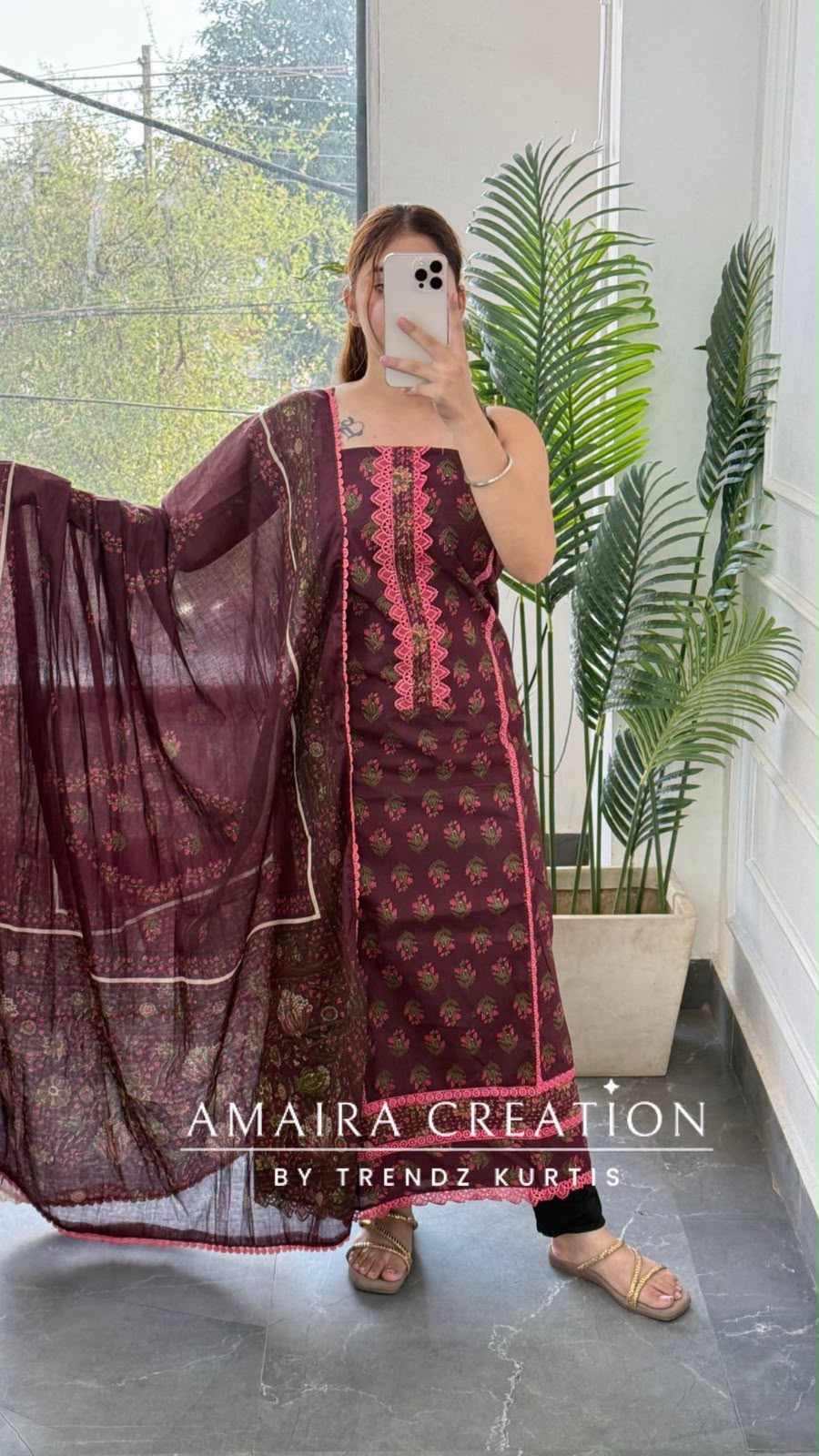 Premium Cotton Wine Colour Lace Detailing unstitched suit