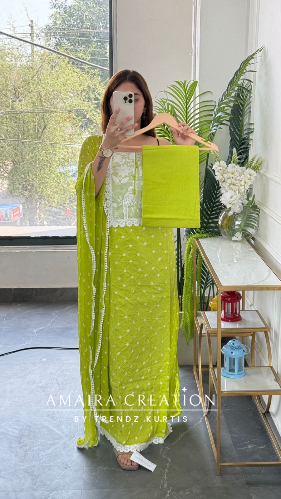 Premium Cotton Parrot Green Colour Bandhani Pattern Unstitched Suit