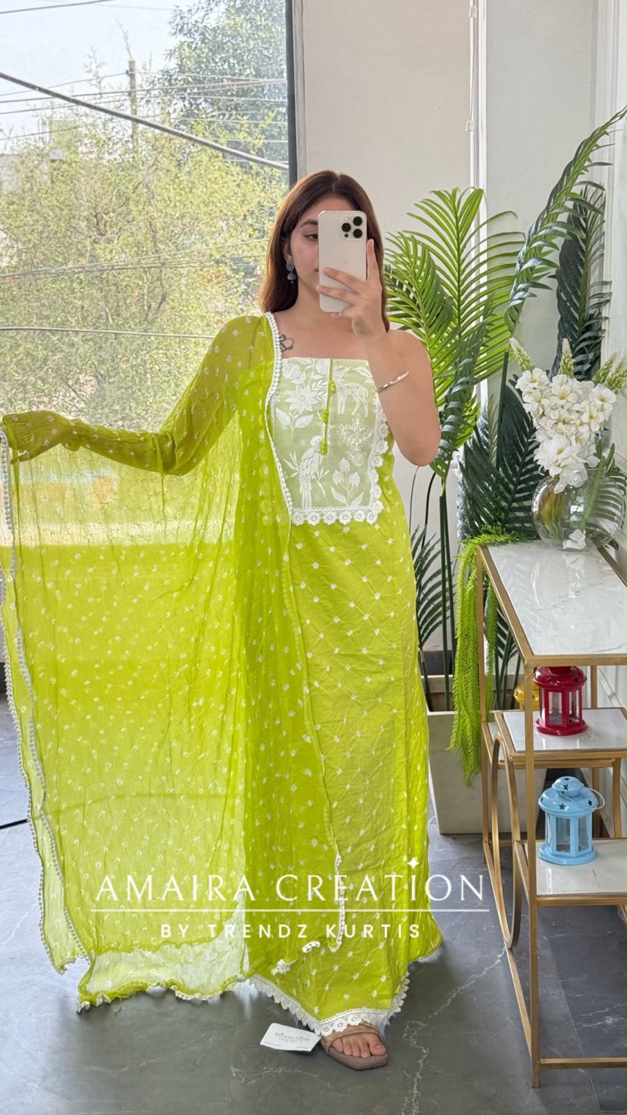 Premium Cotton Parrot Green Colour Bandhani Pattern Unstitched Suit
