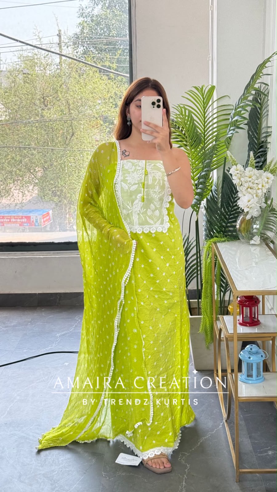 Premium Cotton Parrot Green Colour Bandhani Pattern Unstitched Suit