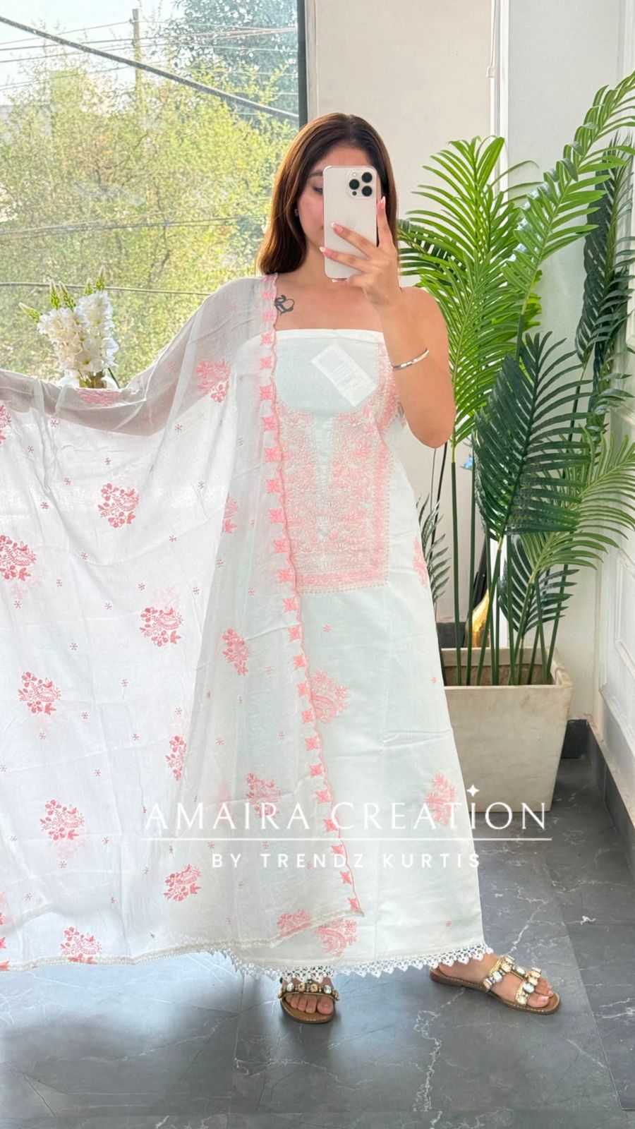 Premium Fabric White and Peach Colour Unstitched Suit