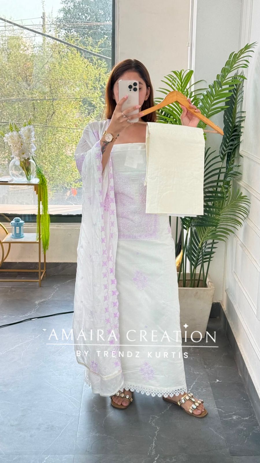 Premium Fabric White and Lavender Colour Unstitched Suit