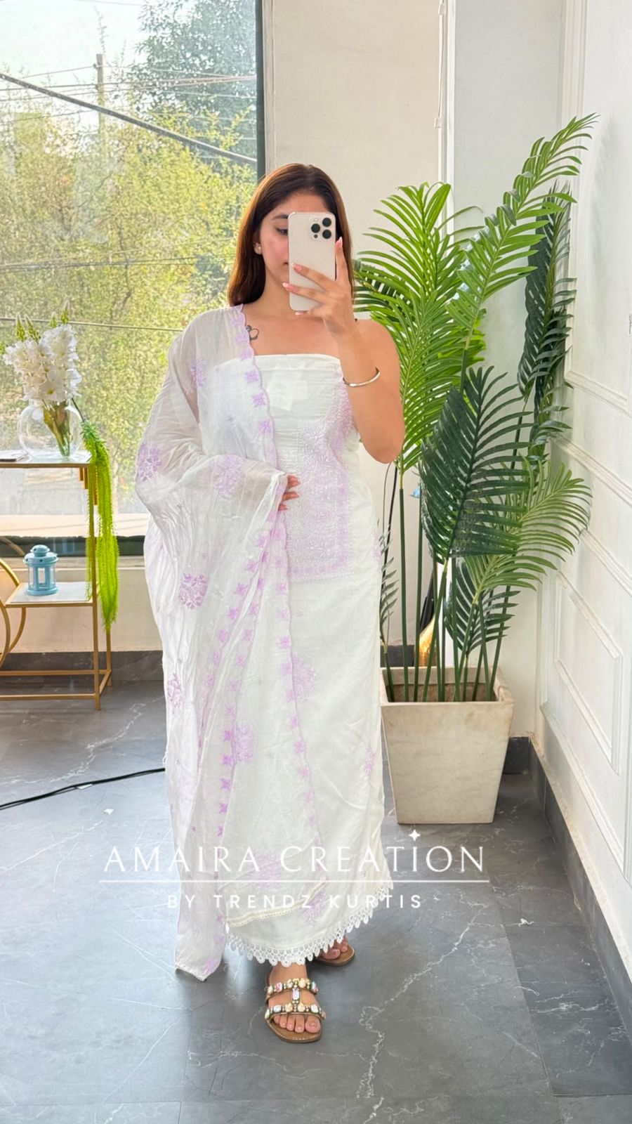 Premium Fabric White and Lavender Colour Unstitched Suit